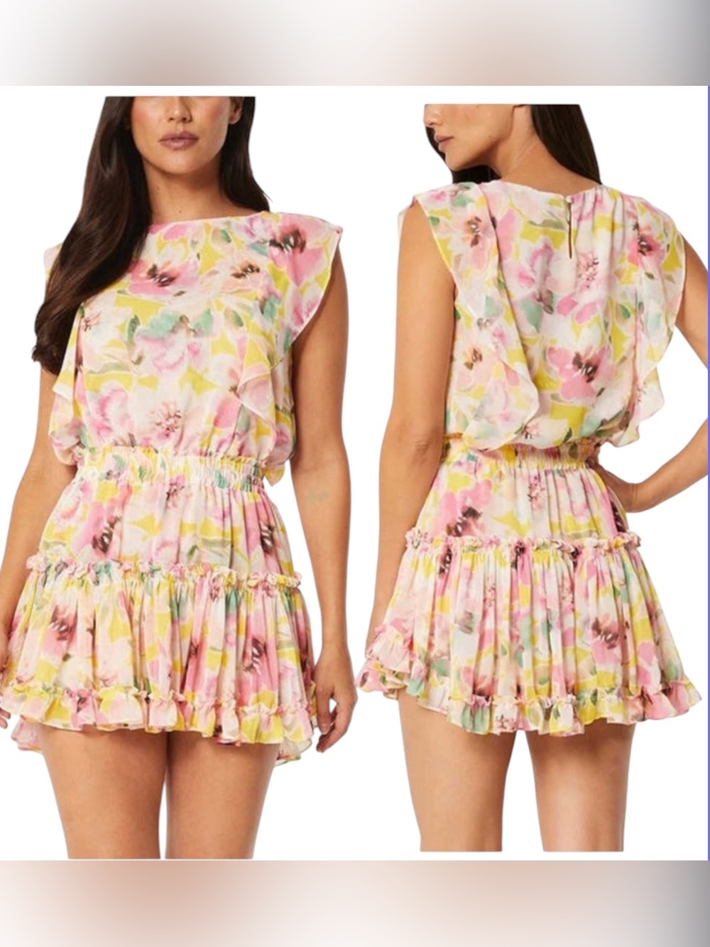 Misa Los Angeles Ginia Pink Floral Mini Summer Ruffle Dress NWOT‎ Size XS
